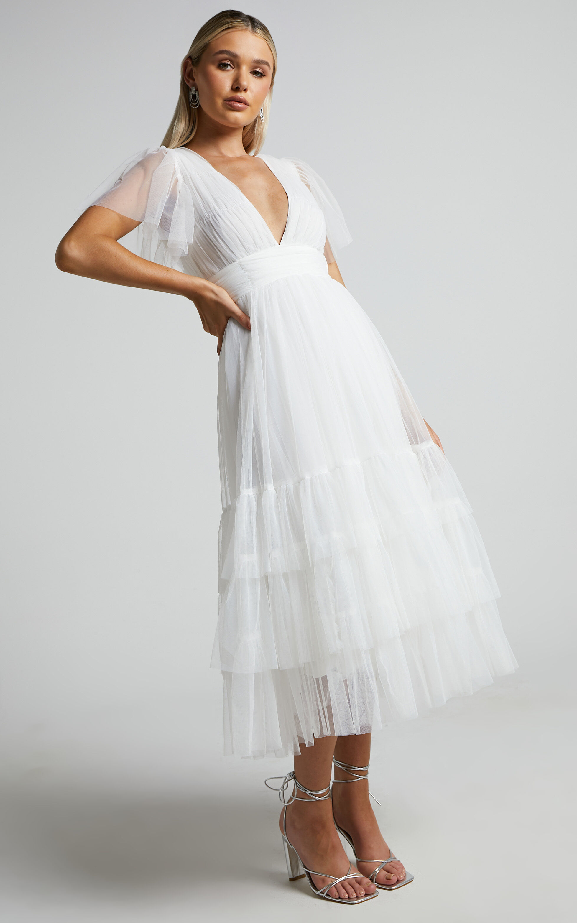 White plunge midi dress sales
