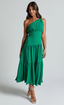 Celestia Midi Dress - Tiered One Shoulder Dress in Green