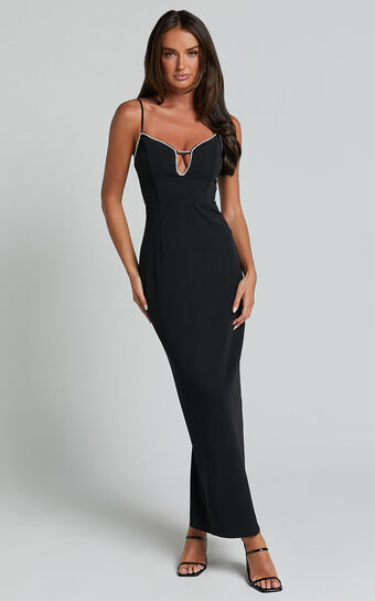 Felicity Midi Dress - Plunge Diamante Detail Dress in Black