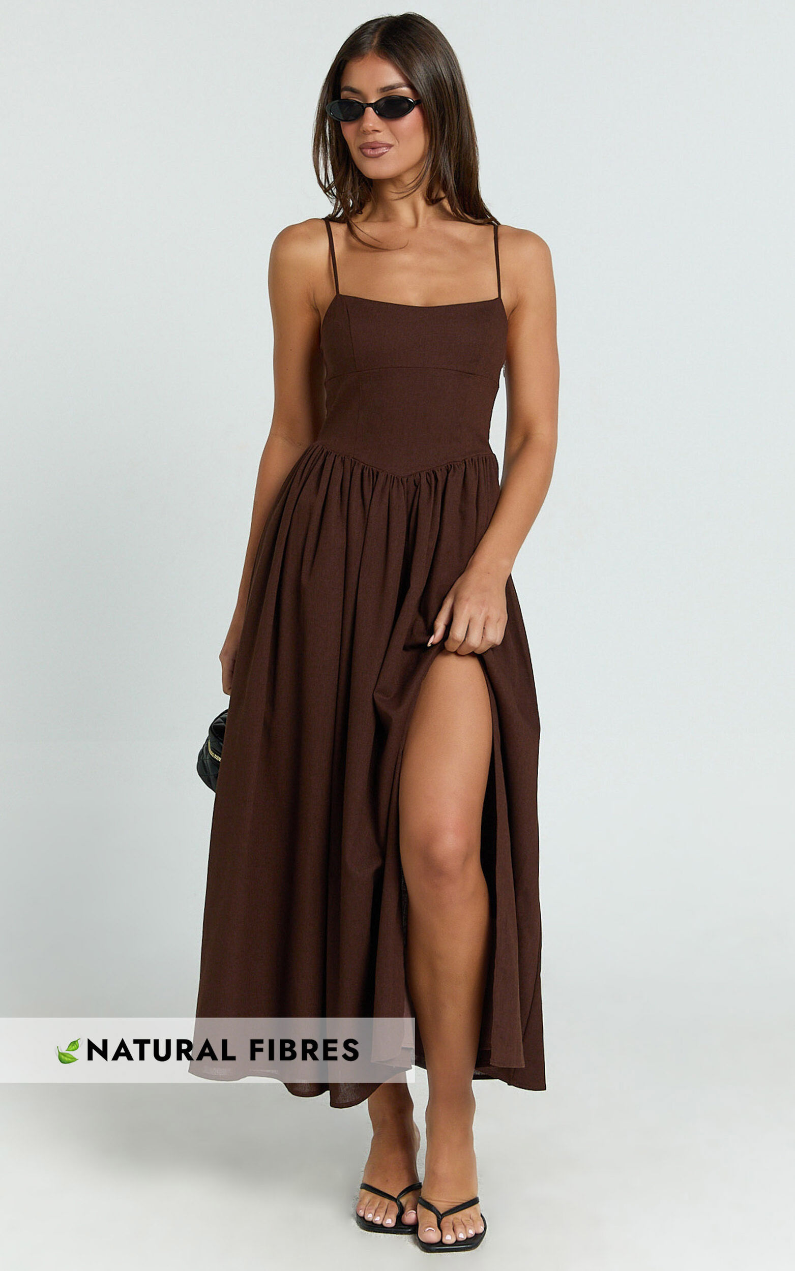 Morris Midi Dress - Linen Scoop Neck Gathered Dress in Chocolate - 06, BRN1