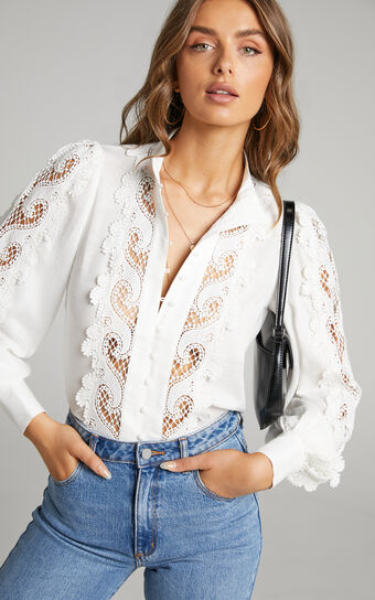 Belissa Top - Linen Look Lace Trim High Neck Blouse in White