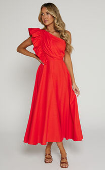 Dixie Midi Dress - Linen Look One Shoulder Ruffle Dress in Red Orange