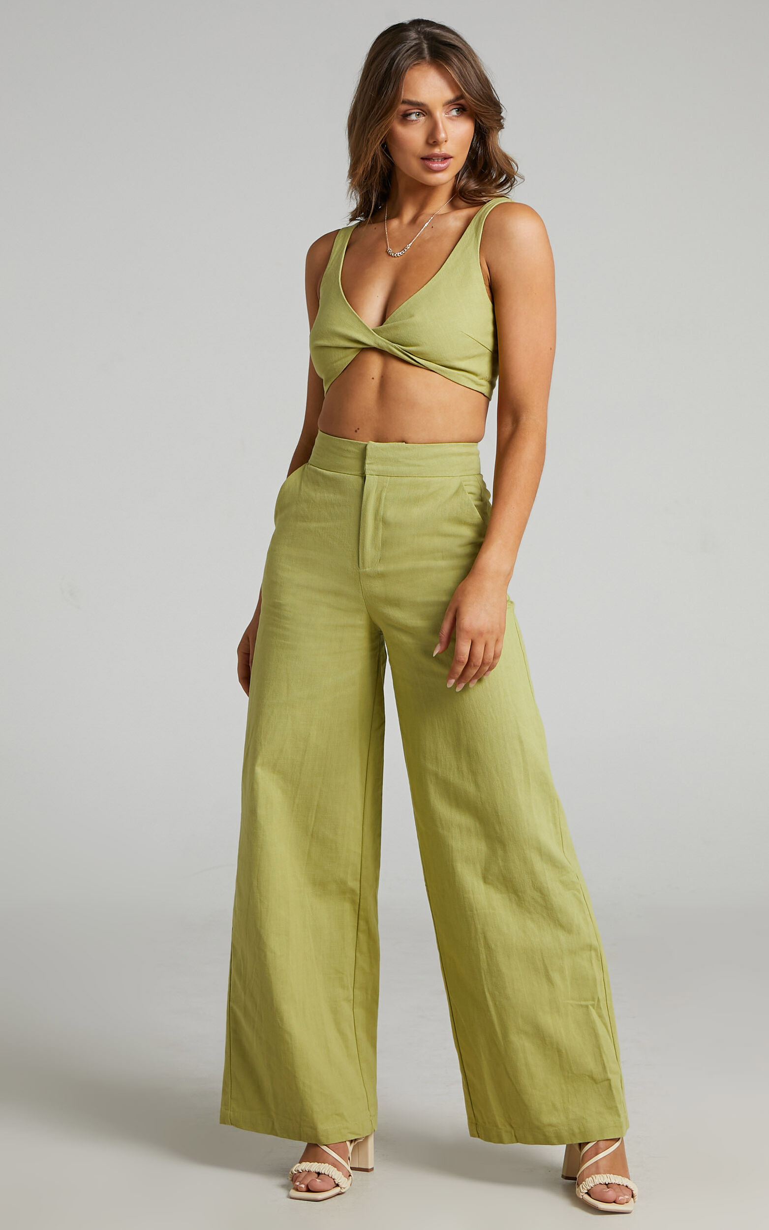 Kingston Two Piece Set - Twist Front Twill and Wide Leg Pants Set in Green - 04, GRN3