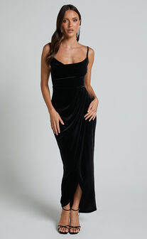 Adeline Midi Dress - Velvet Cowl Neck Drape Dress in Black