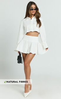 Harlow Two Piece Set - Long Sleeve Crop Shirt and Mini Skirt Set in White