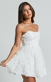 Alvia Mini Dress - 3d Flower Full Skirt Dress in White | Showpo USA