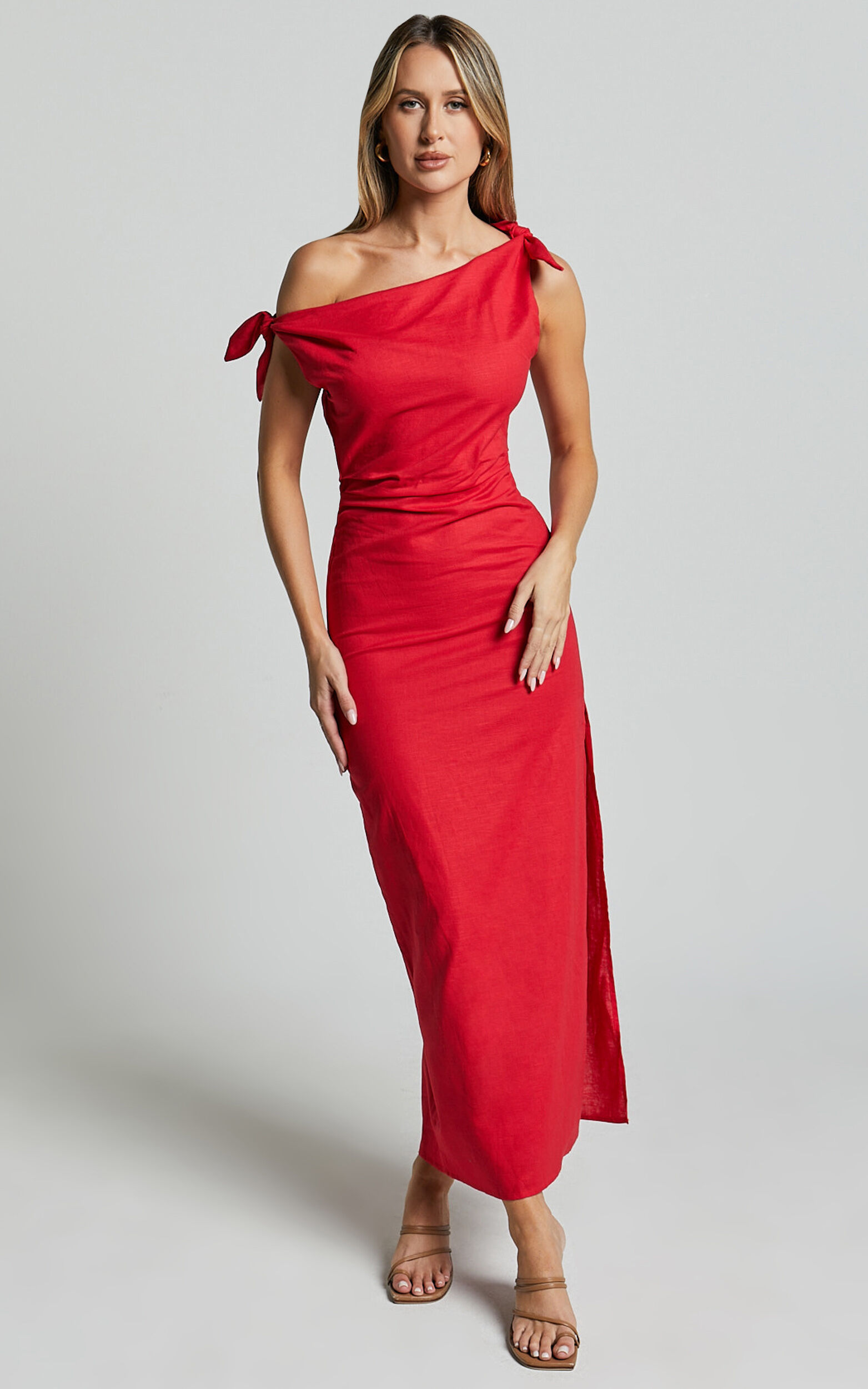Cincinnati Midi Dress - Off The Shoulder Side Split Column Linen Dress in Red - 06, RED5