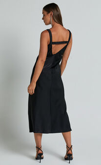 Agnia Midi Dress - Plunge Neck Elasticated Back Strap Detail Satin Slip Dress in Black