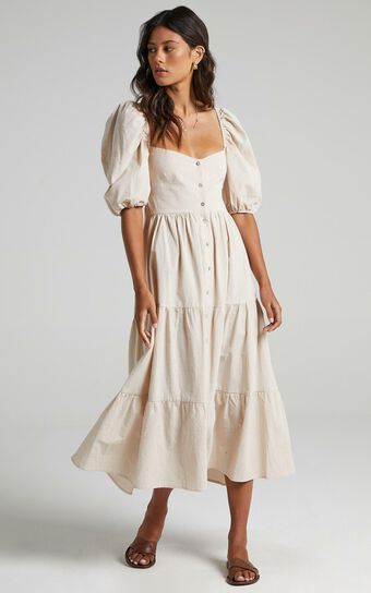 Palmer Midi Dress - Sweetheart Puff Sleeve Dress in Cream
