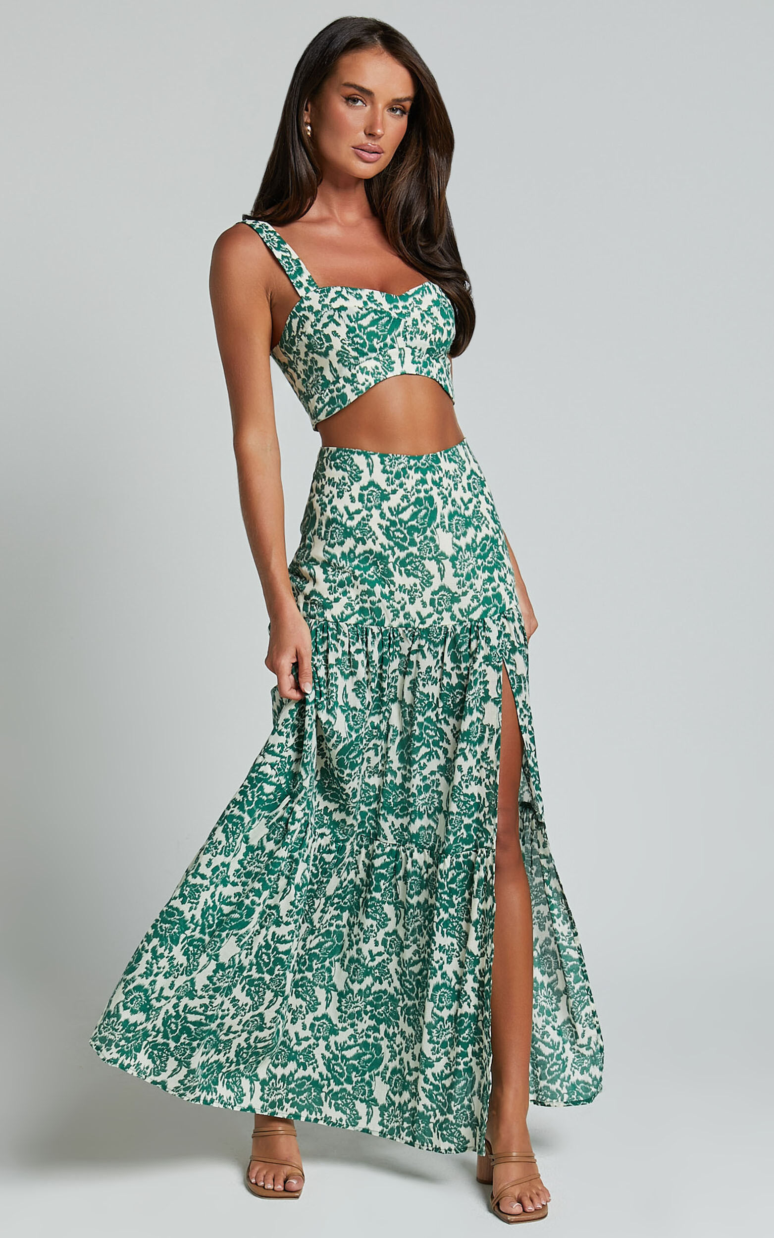 Nelli Two Piece Set - Crop Top and Thigh Split Maxi Skirt in White and Green Floral - 06, WHT1