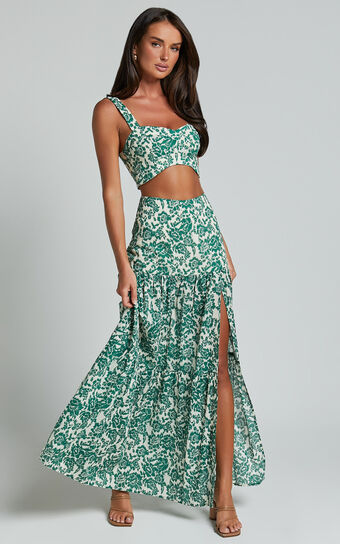 Nelli Two Piece Set - Crop Top and Thigh Split Maxi Skirt in White and Green Floral