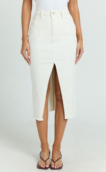 Janeve Midi Skirt - Front Split Denim Skirt in Ecru