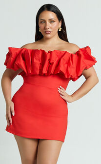 Coraline Mini Dress - Ruffle Off Shoulder Fitted Dress in Red