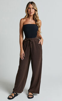 Joan Pants - High Waisted Ribbed Jersey Straight Leg Pants in Chocolate