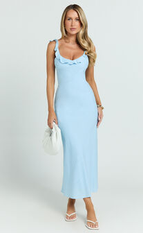 Jenkins Midi Linen Blend Dress - Scoop Frill Neck A Line Dress in Light Blue