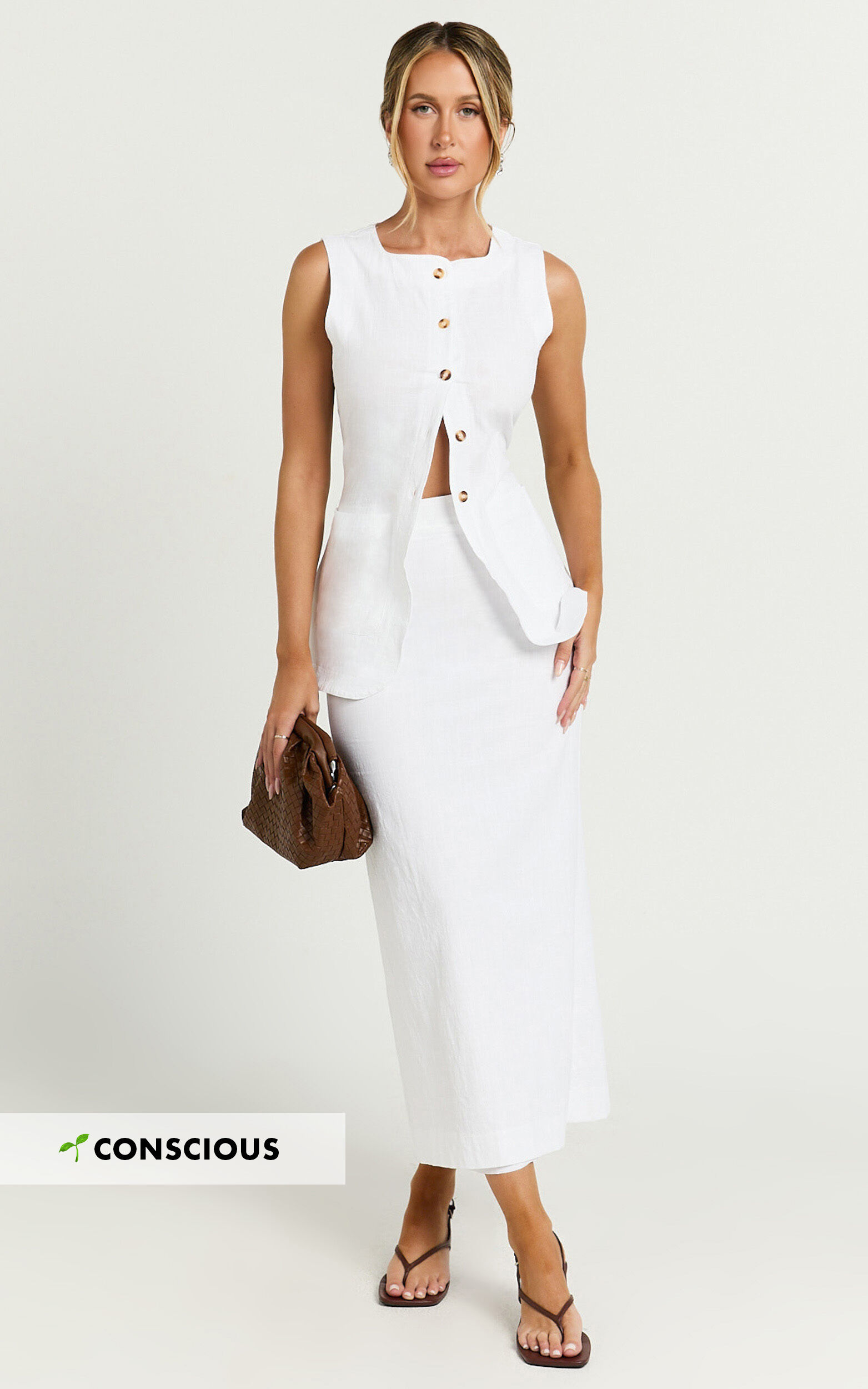 Jennie Two Piece Set - Longline Linen Button Down Top and Maxi Skirt Set in White - S, WHT1