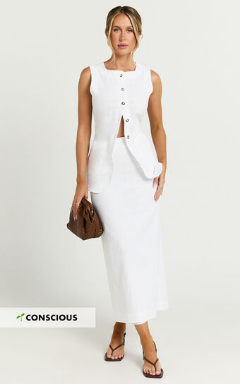 Jennie Two Piece Set - Longline Linen Button Down Top and Maxi Skirt Set in White