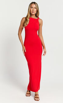 Aisha Midi Dress - Sleeveless Twist Strap Bodycon Dress in Red