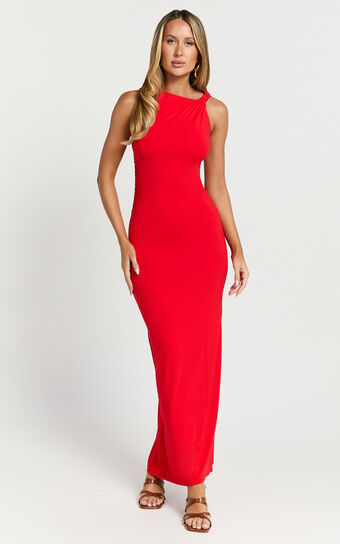 Aisha Midi Dress - Sleeveless Twist Strap Bodycon Dress in Red