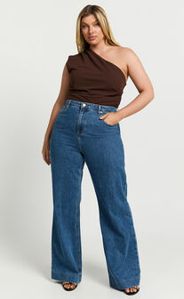 Emman Jeans - High Waisted Cotton Wide Leg Denim Jeans in Dark Blue Wash