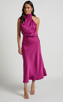 Minnie Midi Dress - Drape Neck Satin Slip Dress in Purple