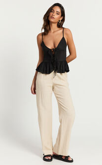 Maya Top - Linen Tie Front Ruffle Hem Top in Black