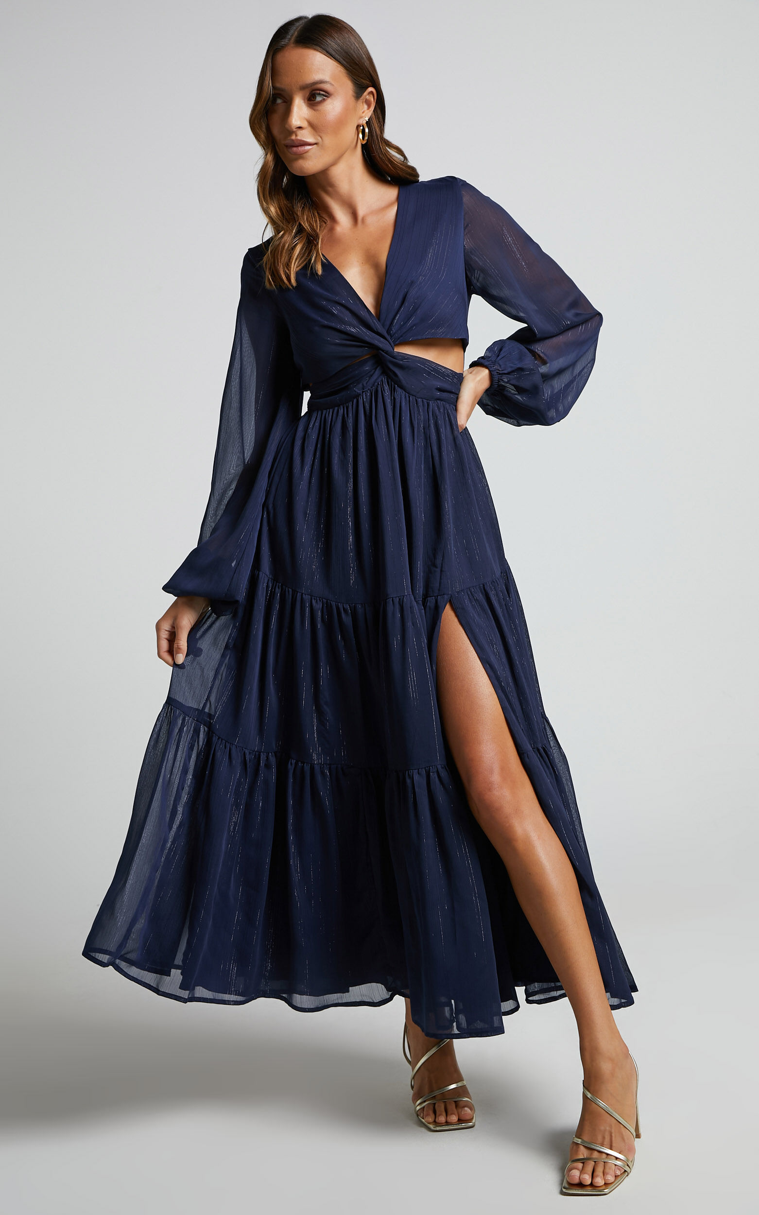 Edelyn Midi Dress Cut Out Balloon Sleeve Tiered Dress in Navy Showpo USA
