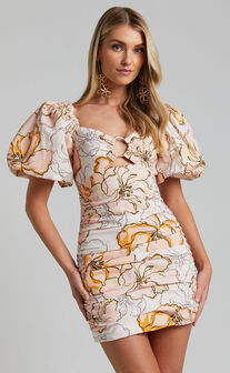 Amalie The Label - Emerita Linen Blend O Detail Puff Sleeve Ruched Mini Dress in Maison Fleur