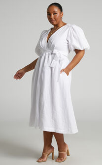 Amalie The Label - Franc Linen Puff Sleeve Wrap Midi Dress in White