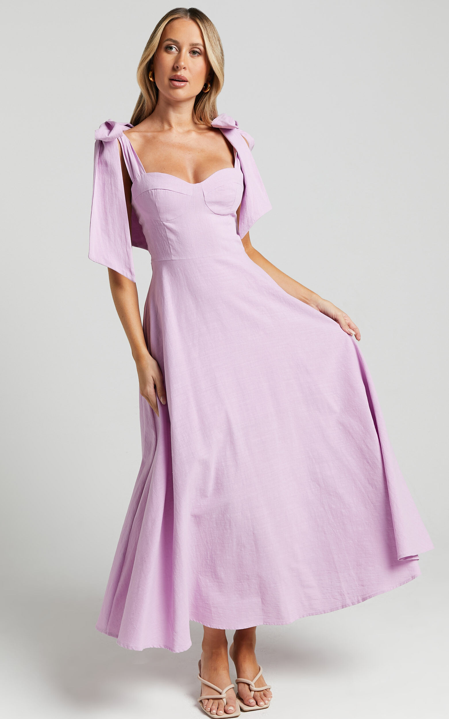 Tymia Midi Dress - Shoulder Tie Bustier Shirred Back A Line in Lavender ...
