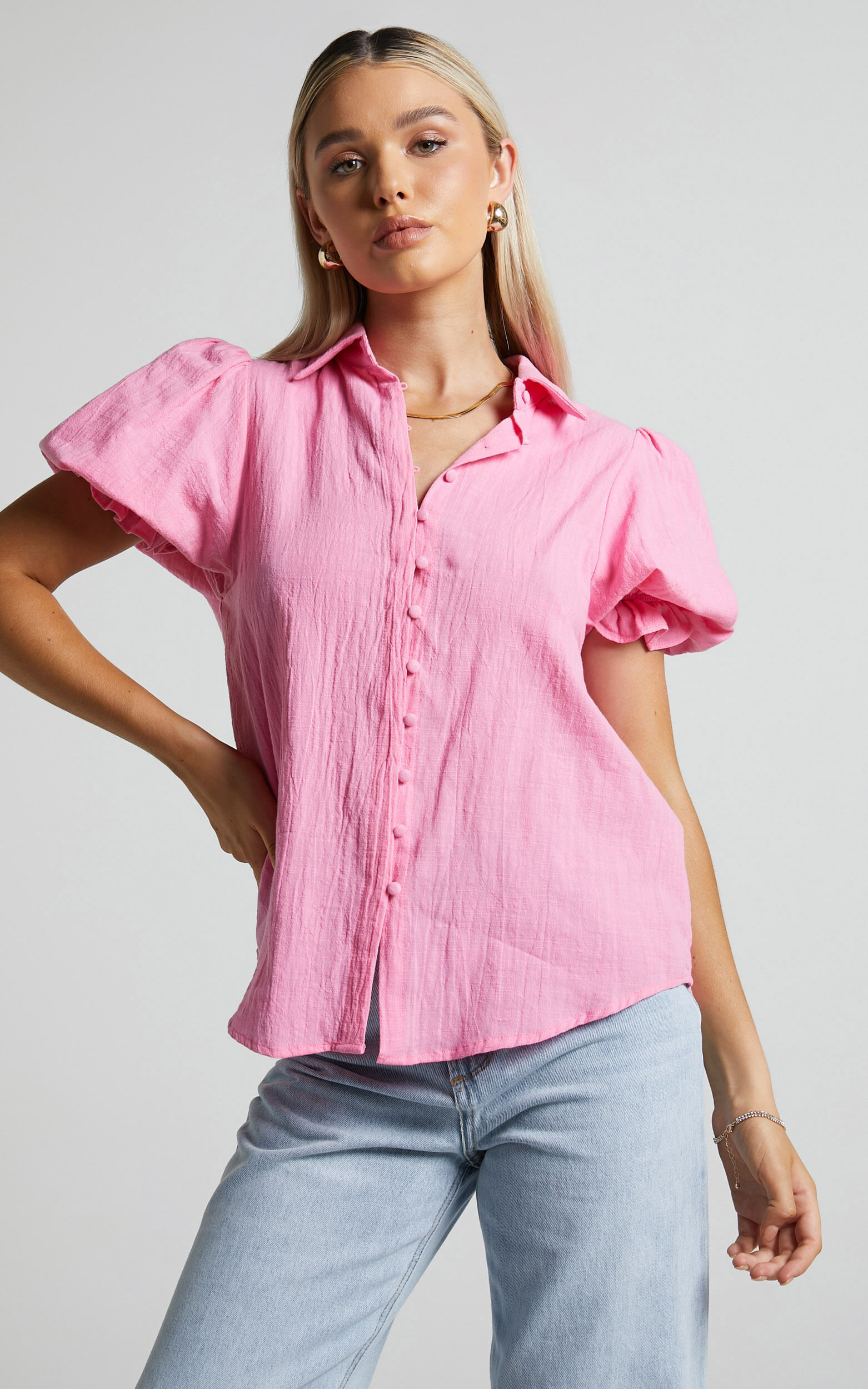 Button up puff on sale sleeve blouse