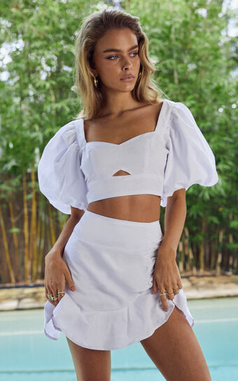 Astarte Two Piece Set - Puff Sleeve Crop Top and Ruched Mini Skirt Set in White