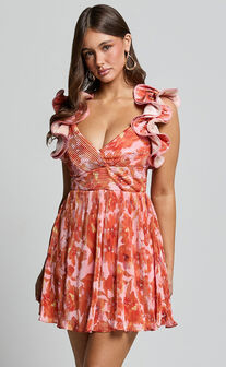 Carol Mini Dress - Pleated Fabric With Ruffle Trims Dress in Orange Floral Print