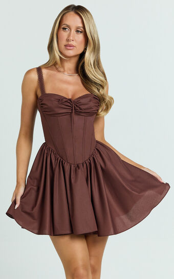 Jonas Mini Dress - Corset Ruched Lace Trim Dress in Chocolate