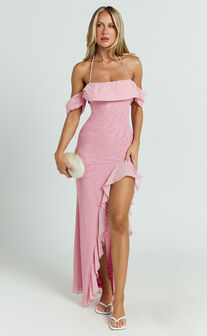 Mirabella Maxi Dress - Off Shoulder Asymmetrical Ruffle Split Dress in Blush