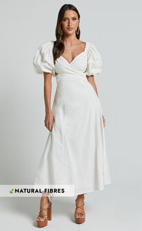 Amalie The Label - Janae Linen Blend Puff Sleeve Cut Out Midi Dress in White