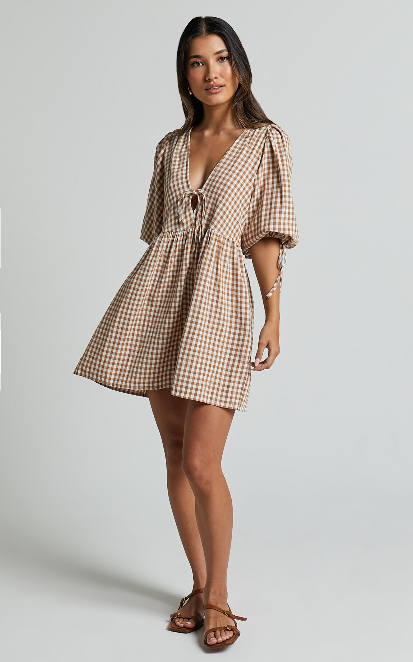 Rosita Mini Dress Tie Front Puff Sleeve Dress in Caramel White Gingham Showpo USA