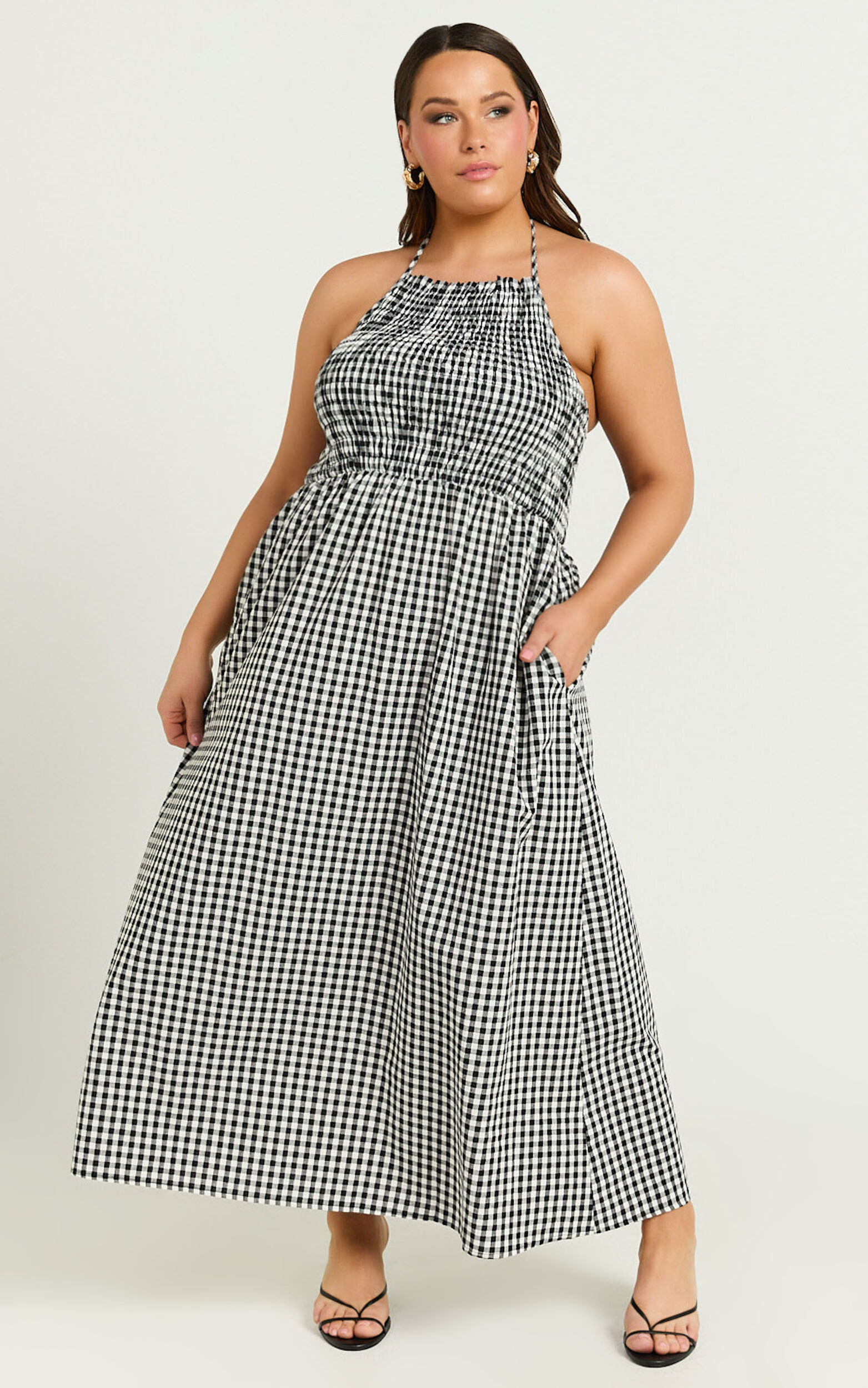 Aimie Midi Dress - Strappy Halter Neck Shirred Top in White Check | Showpo