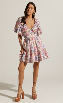 Amalie The Label - Tallulah Linen Blend V Neck Puff Sleeve Mini Dress in Aurora Print