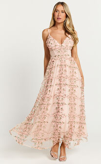 Amalie The Label - Lou V Neck Embroidered Tulle Maxi Dress in Blush