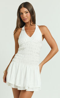 Judith Mini Dress - Shirred Halter Dress in White
