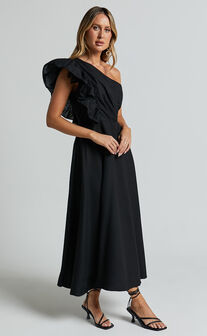 Dixie Midi Dress - Linen Look One Shoulder Ruffle Dress in Black