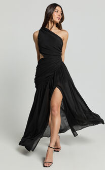 Darcy Maxi Dress - One Shoulder Side Cut Out Gathered Dress in Black