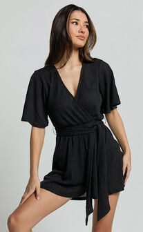 Cecilia Playsuit - Short Sleeve Belted Wrap Playsuit in Black