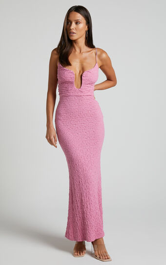 Charlee Midi Dress - Bodycon Sweetheart Cut Out Bust Thin Strap Dress in Pink