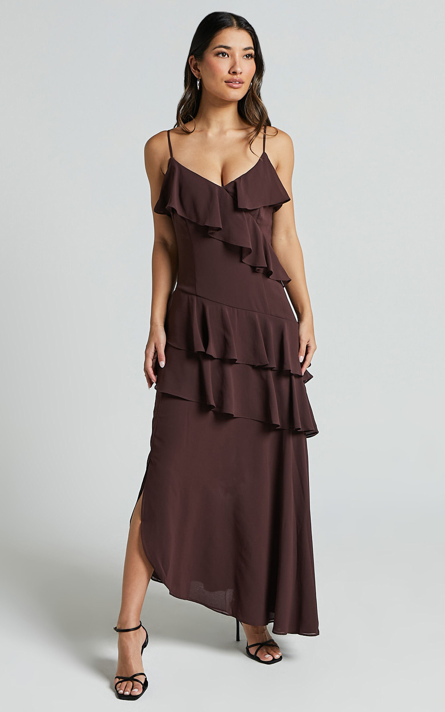 Emily Midi Dress - Strappy Asymmetric Ruffle Dress in Chocolate - 06, BRN1