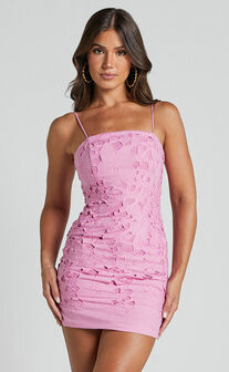 Kellie Mini Dress - Strappy Embroidered Lace Dress in Pink