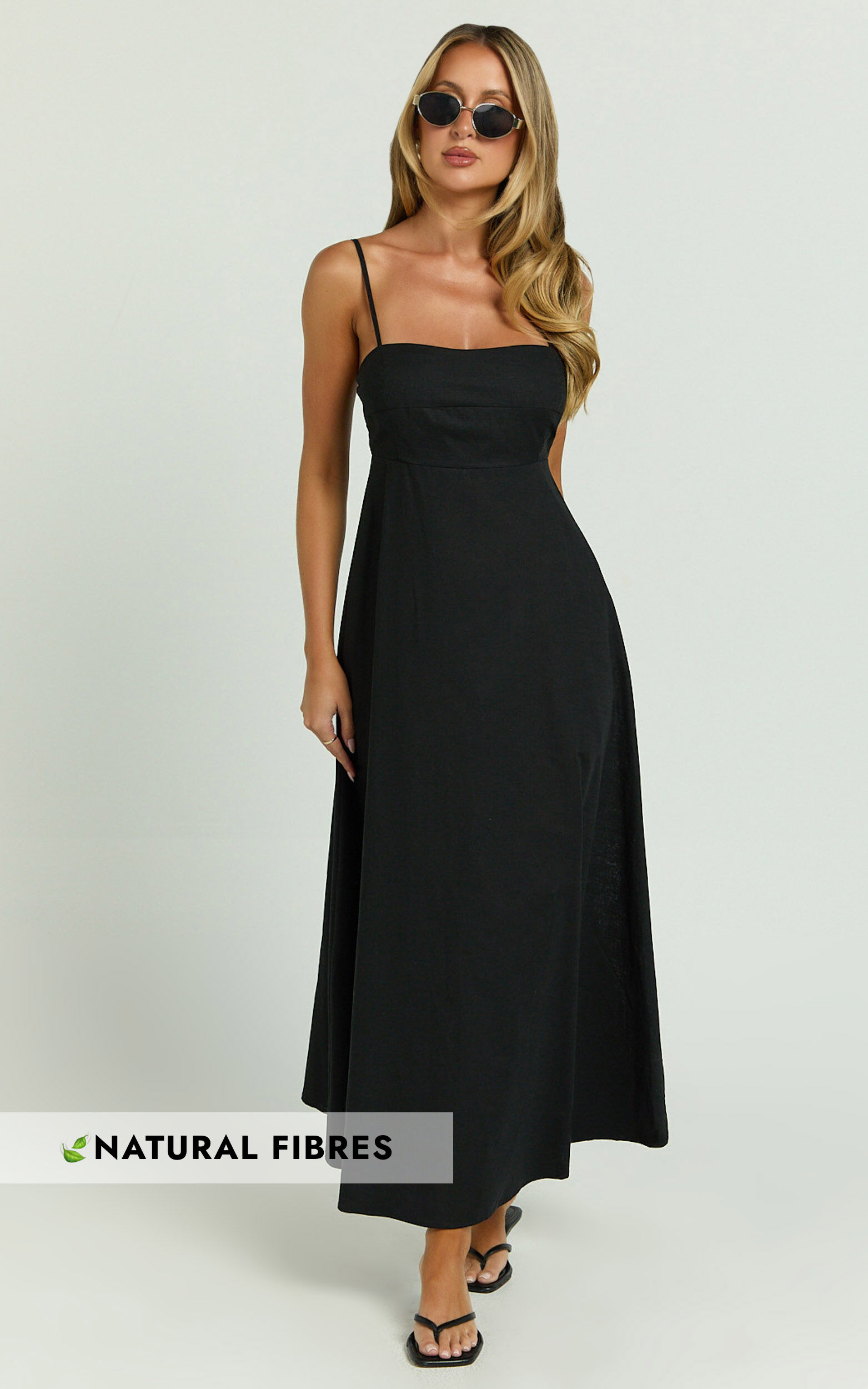 Brette Midi Dress - Linen Straight Neck Strappy Fit And Flare Dress in Black - 04, BLK1