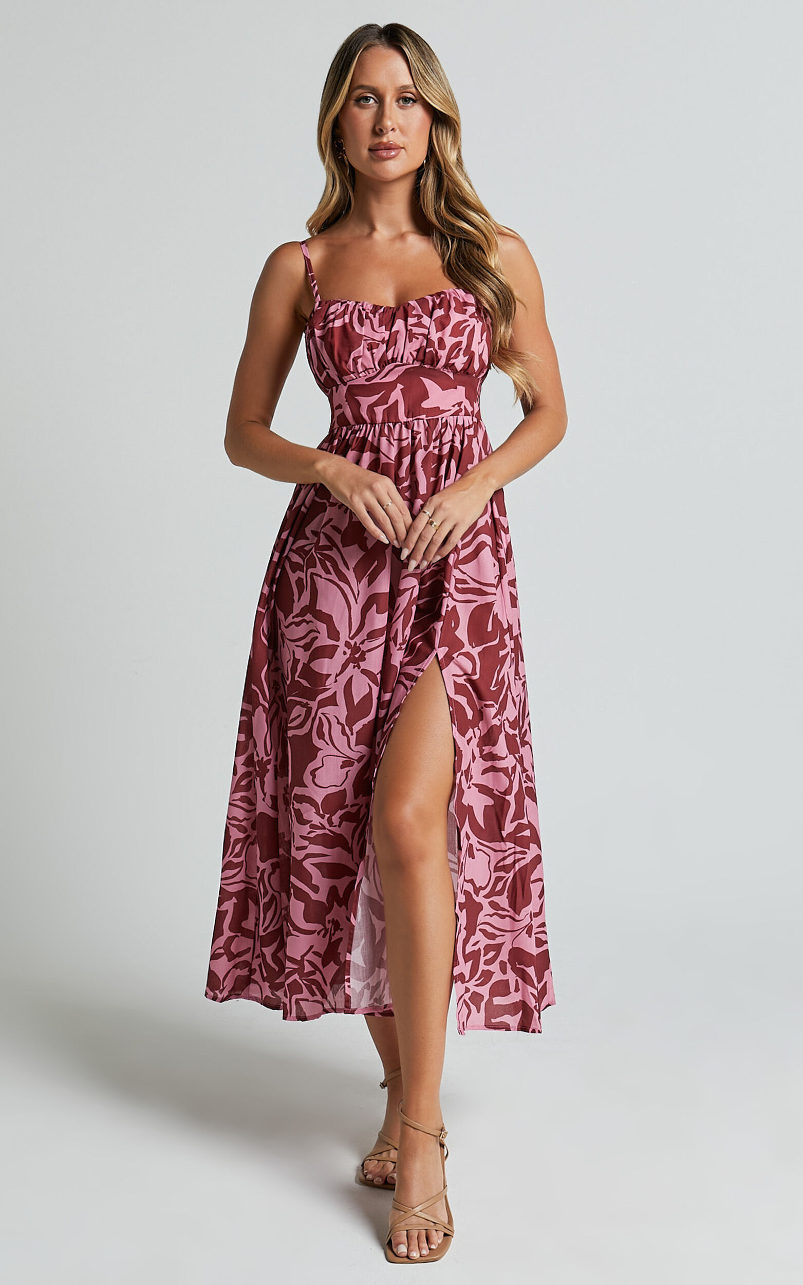 Lydie Midi Dress - Strappy Ruched Bust Shirred Back Dress in Whirlwind Floral Print - 06, PNK1