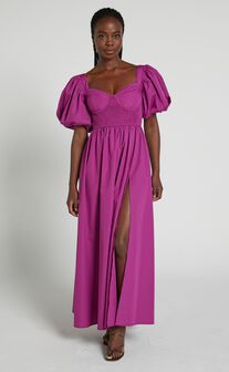 Raiza Midi Dress - Shirred Waist Puff Sleeve Dress in Orchid